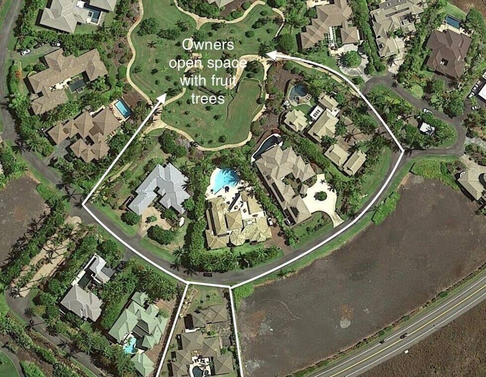 An aerial map view showing several neighborhood properties highlighted in white outlines, with arrows pointing to a central grassy community area text-labeled "Owners open space with fruit trees."