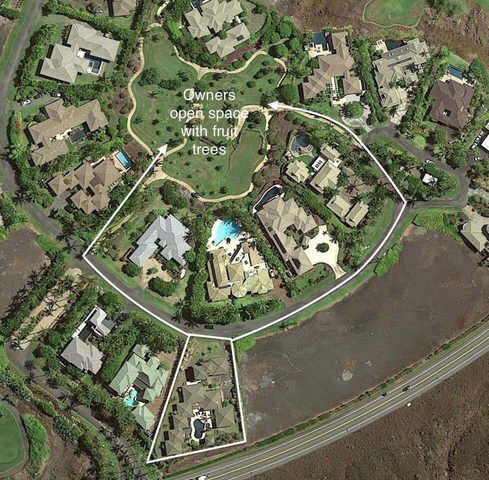 An aerial map view showing several neighborhood properties highlighted in white outlines, with arrows pointing to a central grassy community area text-labeled "Owners open space with fruit trees."