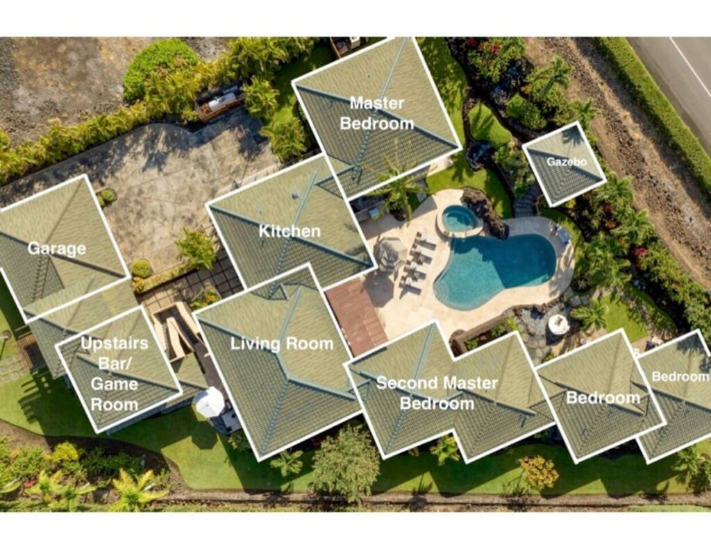 An overhead aerial map view of the Hale Mele 1 property, with labels highlighting the private pool, garage, kitchen, living room, and bedrooms.