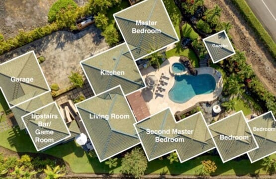 An overhead aerial map view of the Hale Mele 1 property, with labels highlighting the private pool, garage, kitchen, living room, and bedrooms.