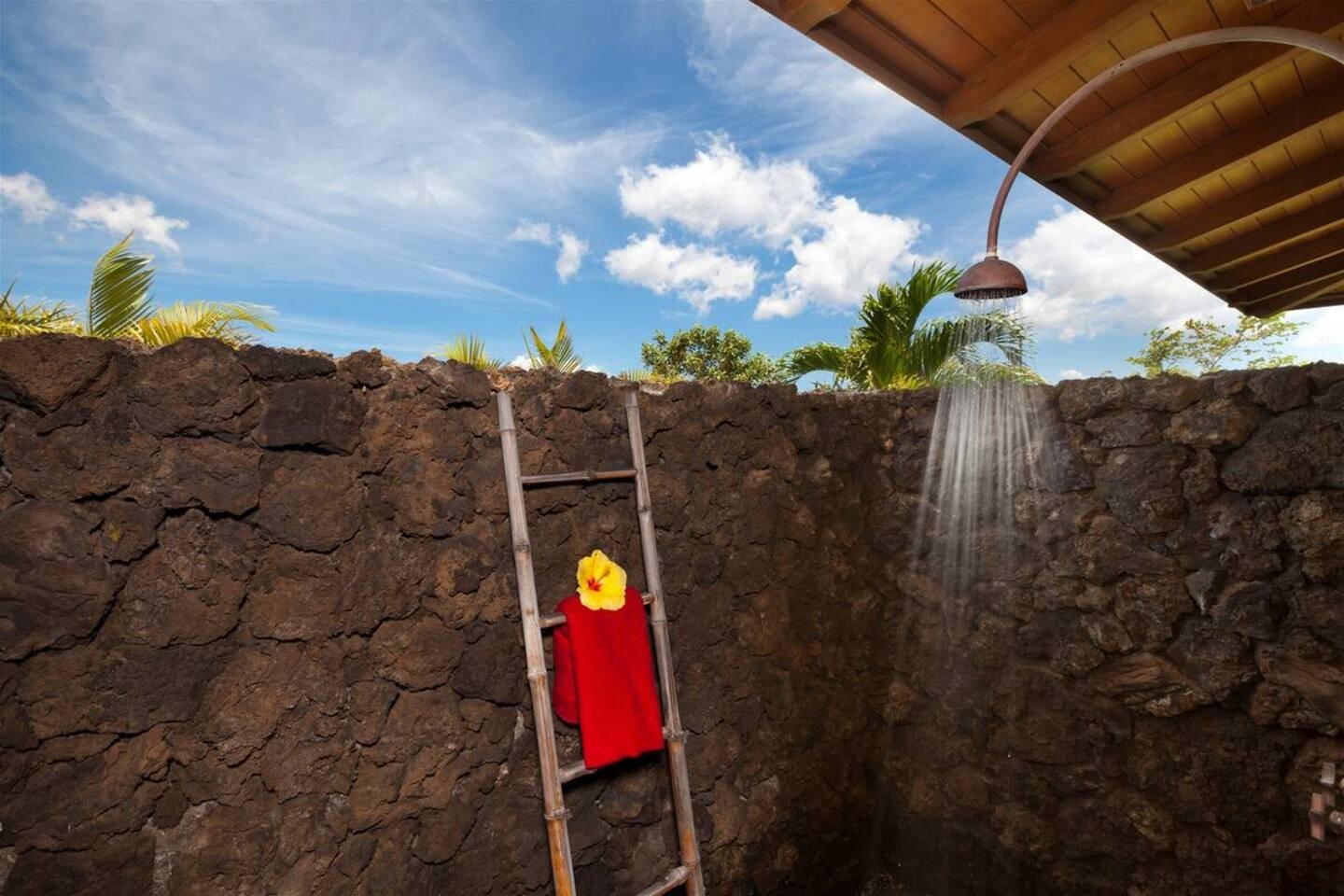 Private Outdoor Lava Rock Shower at Hale Mele in Mauna Lani
