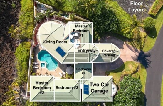 Annotated aerial floor plan of Hale Mele showing bedrooms, living room, pool, garage, and entry layout.