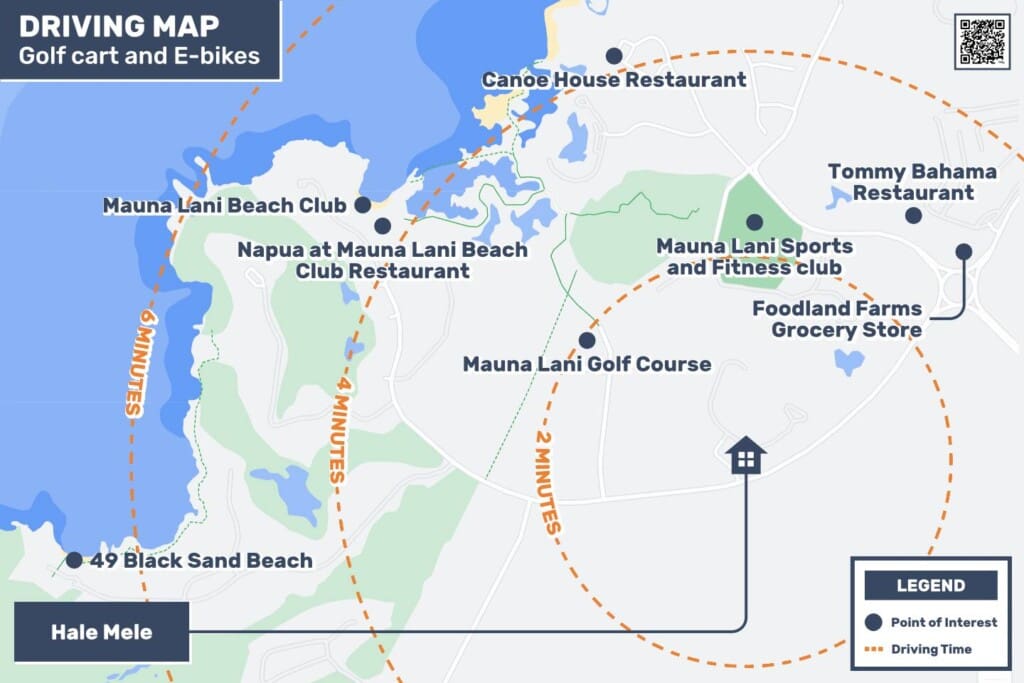 Map showing golf cart and e-bike travel times from Hale Mele to beaches, restaurants, golf, and nearby amenities.
