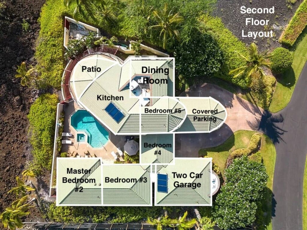 Annotated aerial floor plan of Hale Mele showing kitchen, dining room, patio, bedrooms, garage, and parking layout.