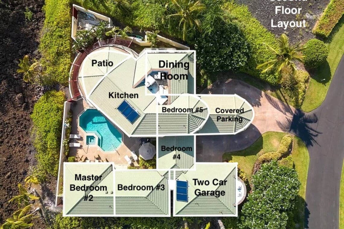 Annotated aerial floor plan of Hale Mele showing kitchen, dining room, patio, bedrooms, garage, and parking layout.