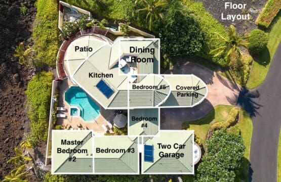 Annotated aerial floor plan of Hale Mele showing kitchen, dining room, patio, bedrooms, garage, and parking layout.