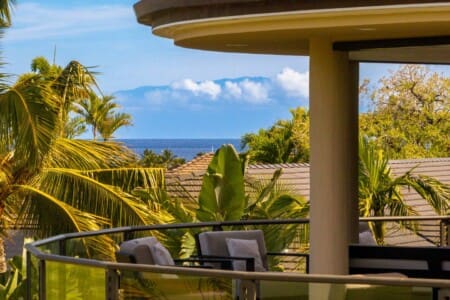 An upper-level outdoor balcony with comfortable lounge chairs framed by lush palm trees, offering distant views of the ocean and mountains.