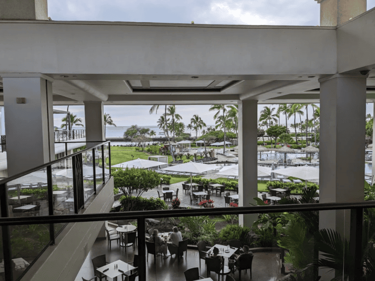 Oceanfront view of the Waikoloa Beach Sunset Lūʻau venue at Waikoloa Beach Marriott Resort on the Big Island of Hawaii