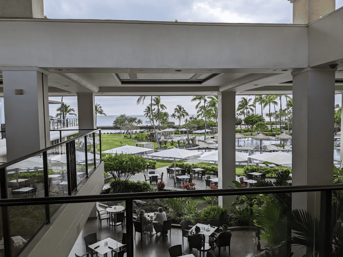 Oceanfront view of the Waikoloa Beach Sunset Lūʻau venue at Waikoloa Beach Marriott Resort on the Big Island of Hawaii